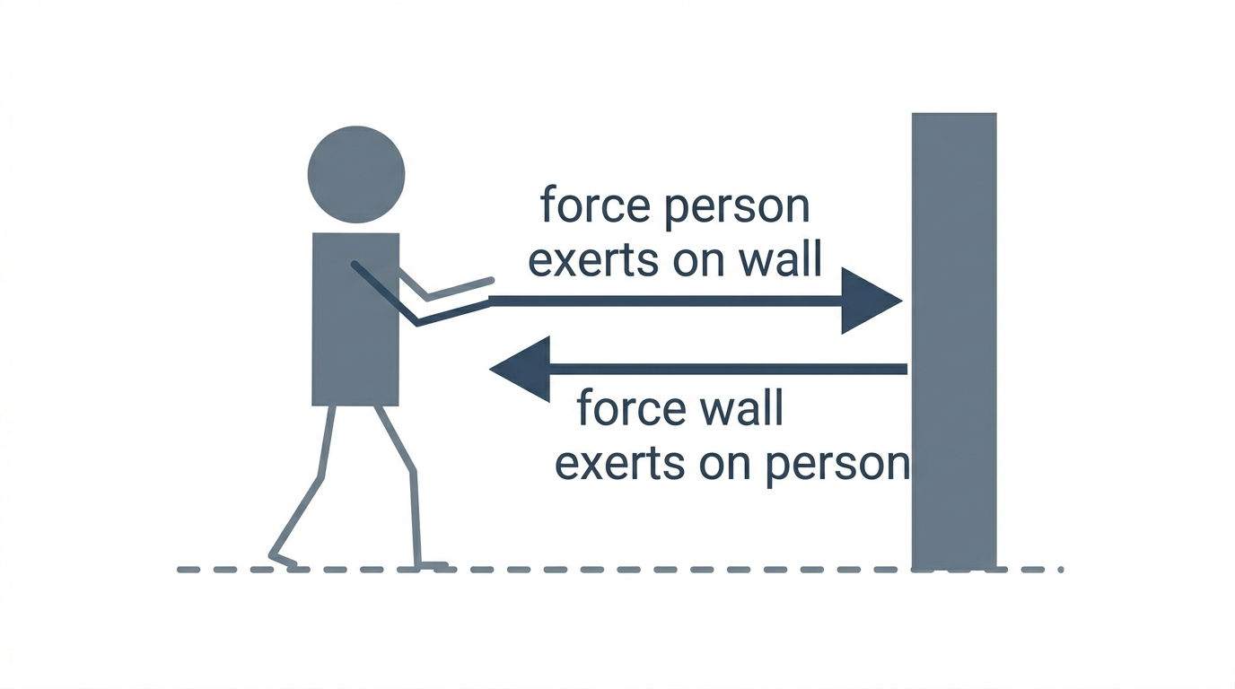A person pushes against a wall with a rightward arrow labeled 'force person exerts on wall'; an equal-length leftward arrow on the person is labeled 'force wall exerts on person'.