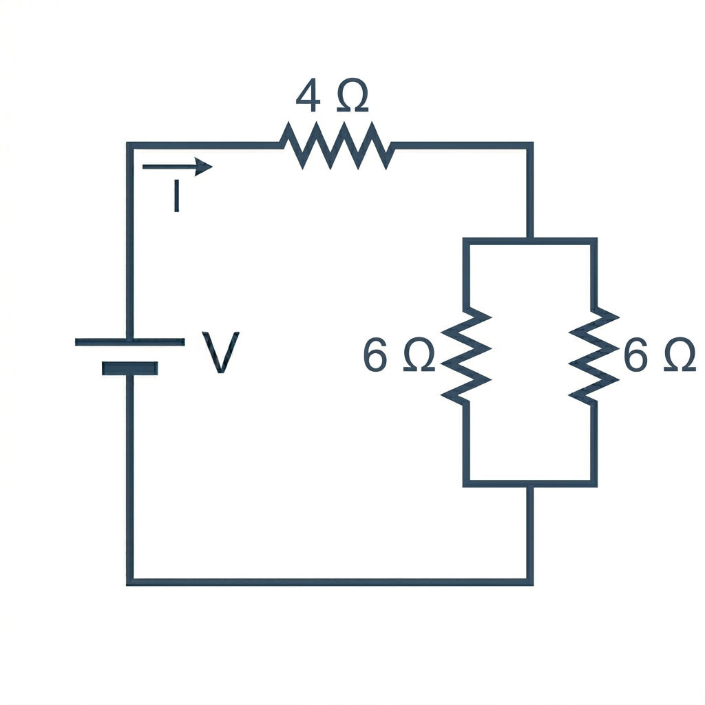 A schematic showing a battery on the left, in series with a single 4 ohm resistor, then in parallel with two 6 ohm resistors.