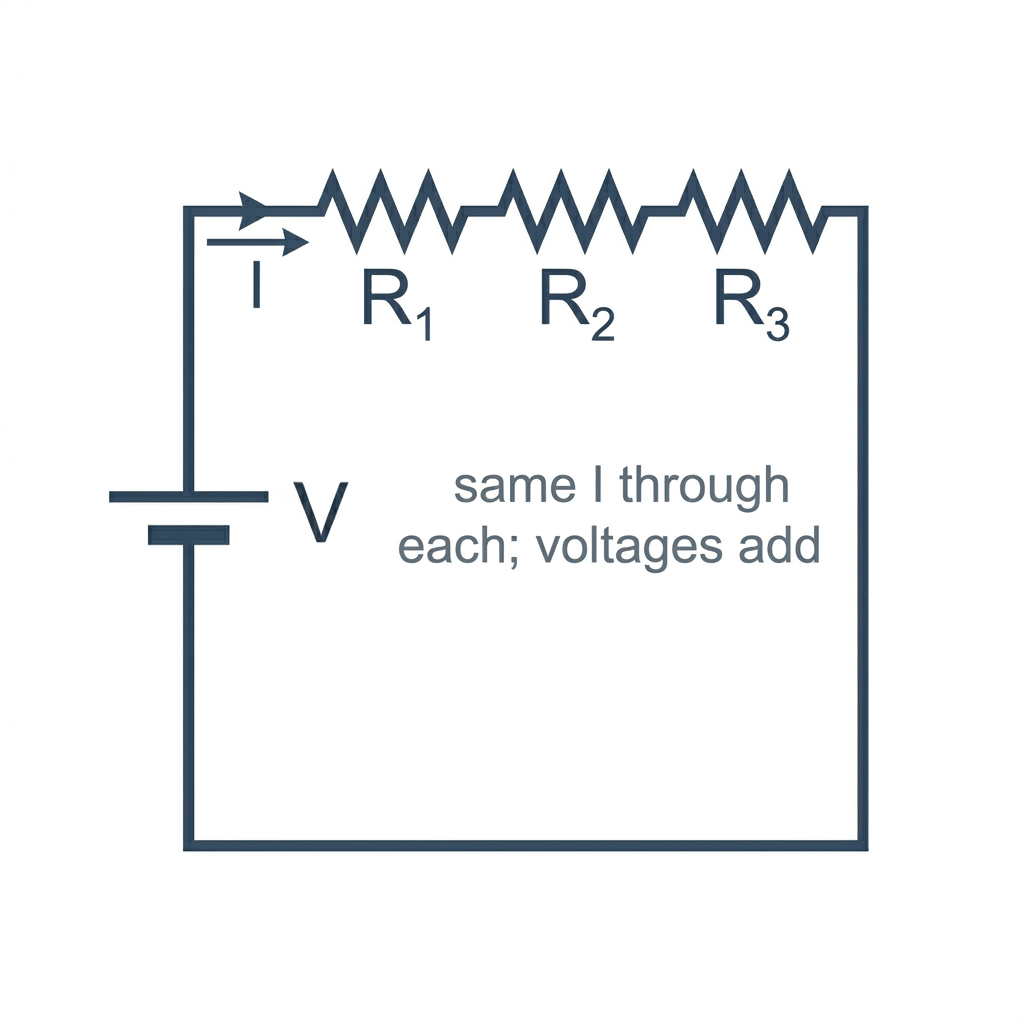 A schematic showing a battery on the left and three resistors drawn as zigzags in a row along the top of the loop, connected end-to-end. Labels R-sub-1, R-sub-2, R-sub-3 beneath them; a single current arrow I; annotation 'same I through each; voltages add'.