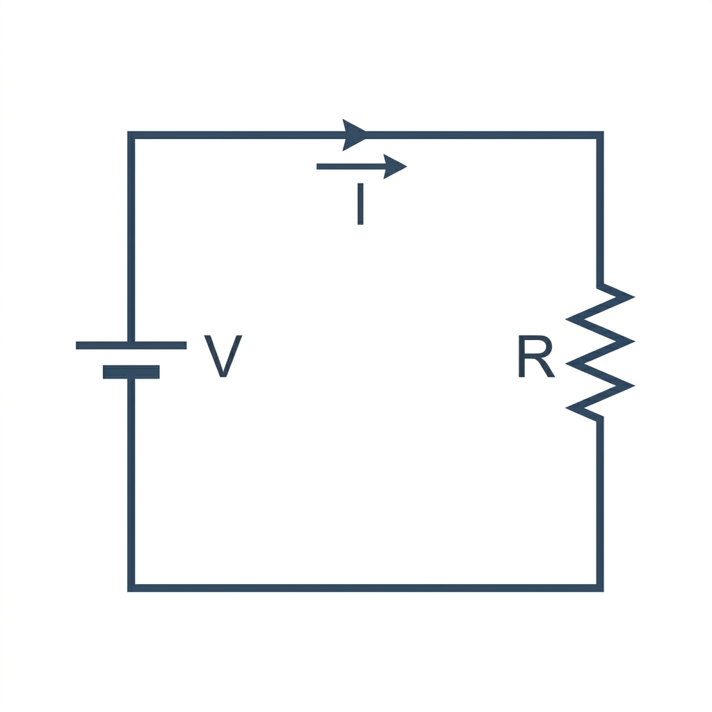 A rectangular electrical schematic showing a battery on the left and a single resistor drawn as a zigzag on the right, connected by wires. Labels: V beside the battery, R beside the resistor, and a current arrow I on the top wire.