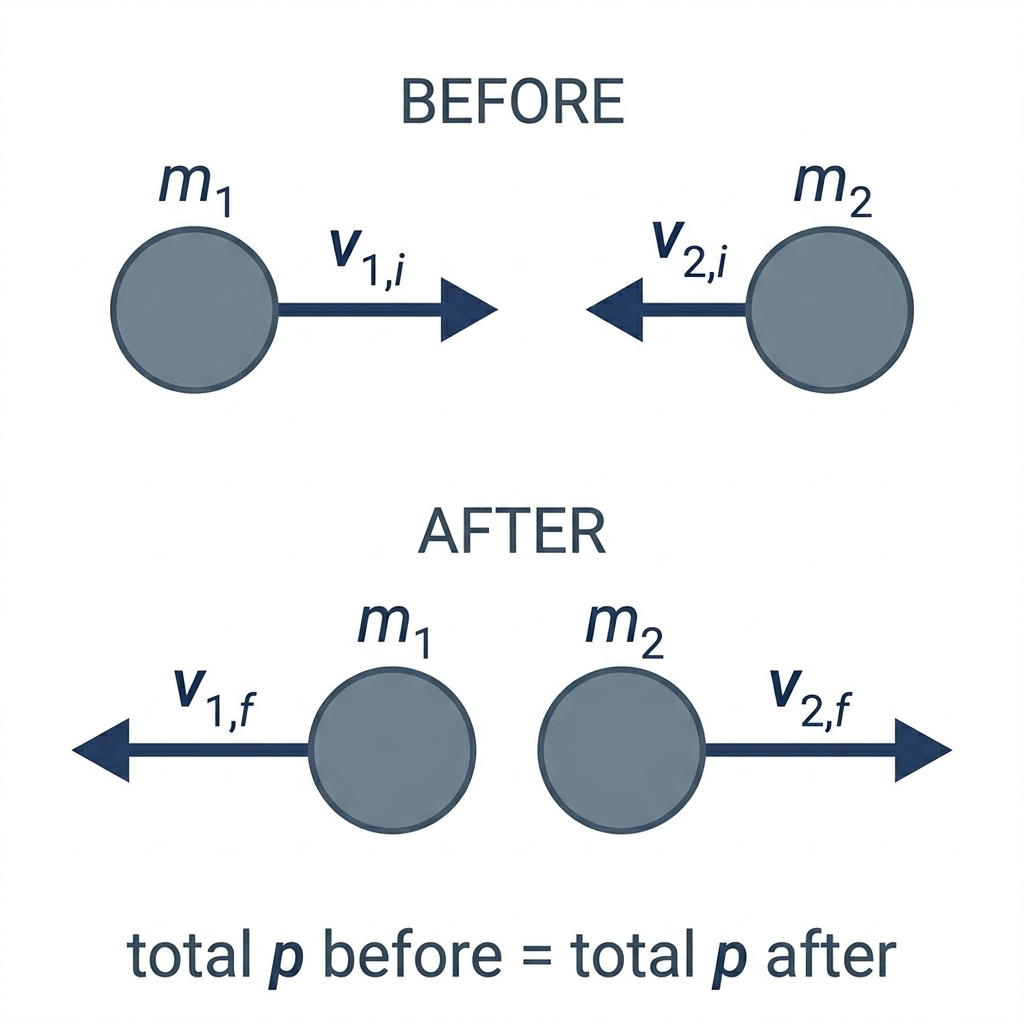 Two panels labeled BEFORE and AFTER. In BEFORE, two circles labeled m-sub-1 and m-sub-2 approach each other with velocity arrows v-sub-1-i and v-sub-2-i. In AFTER, the same two circles move with new velocities v-sub-1-f and v-sub-2-f. Caption: total p before equals total p after.