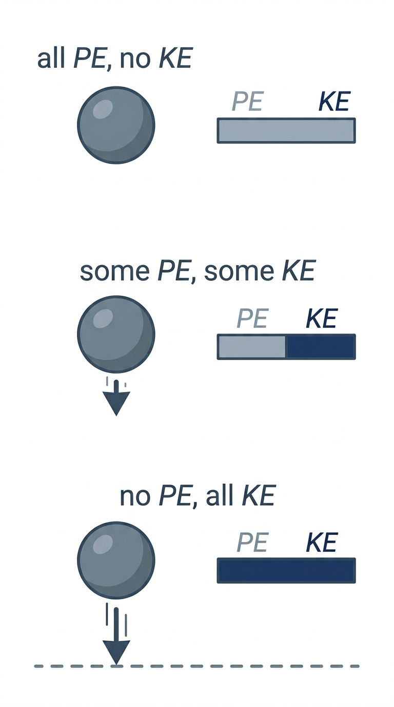 A vertical layout shows a ball at three heights. At the top, the ball is labeled 'all PE, no KE'. In the middle, the ball is moving and labeled 'some PE, some KE'. At the bottom the ball is moving faster, labeled 'no PE, all KE'. To the right of each ball is a stacked bar chart of PE and KE; all three total bars are the same length.