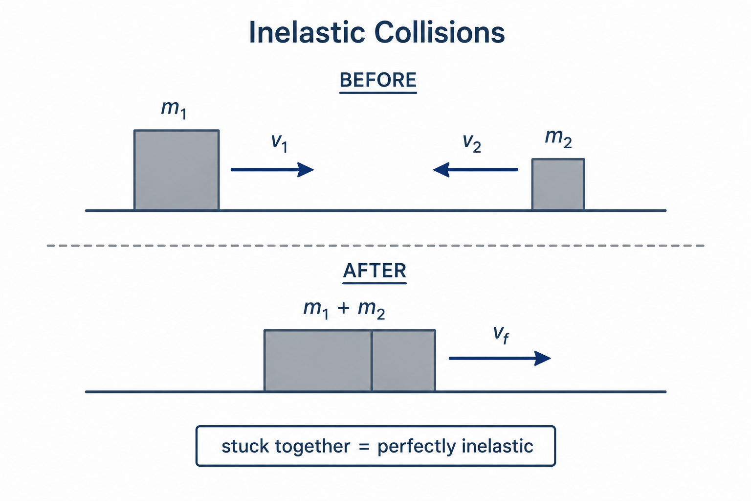 Two panels labeled BEFORE and AFTER. In BEFORE, two rectangles of different sizes have velocity arrows pointing toward each other. In AFTER, a single combined rectangle moves with one velocity arrow. Annotation: 'stick together = perfectly inelastic'.