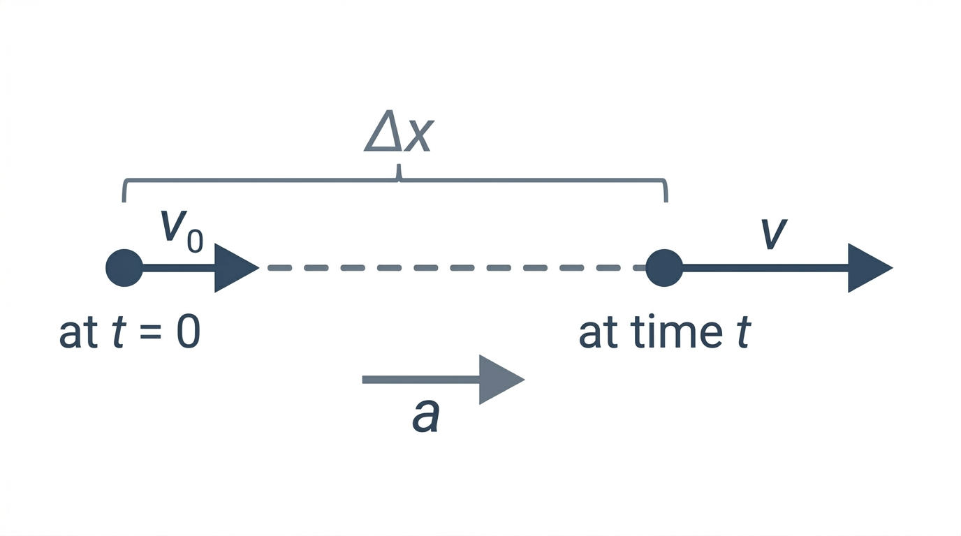 An object shown at two positions along a horizontal path: at t = 0 with initial velocity v-sub-zero, and at time t with a longer final velocity arrow v. The displacement delta-x is bracketed between them, and an acceleration arrow a points in the direction of motion.