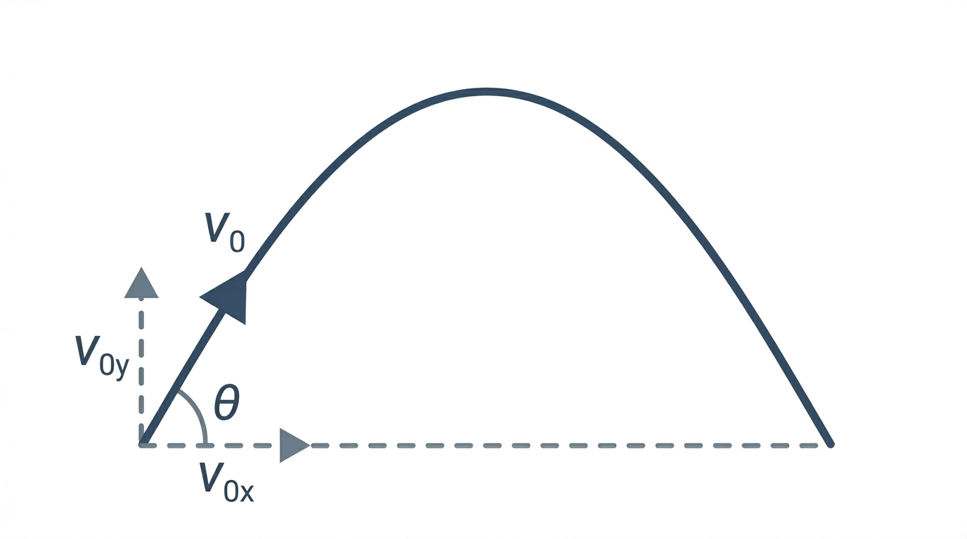 A projectile launched from ground level rises in a parabolic arc and lands at the same height. At the launch point, the initial velocity v-sub-zero is drawn at angle theta above horizontal, with dashed component arrows showing the horizontal component v-sub-zero-x along the ground and the vertical component v-sub-zero-y straight up.