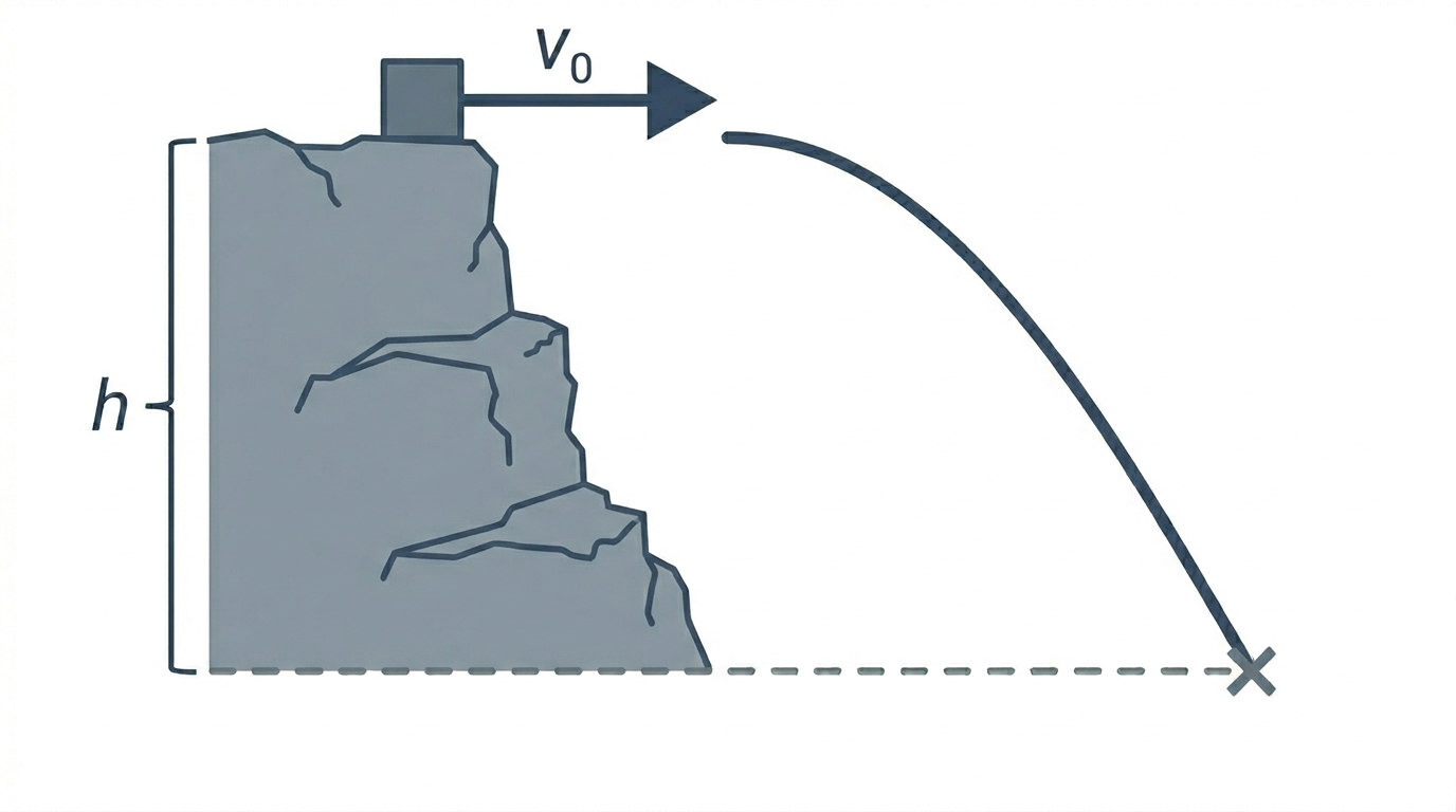 A small object launched horizontally from the top of a cliff of height h with initial velocity v-sub-zero. The trajectory is a half-parabola curving down to a landing point on the ground, marked with an x.