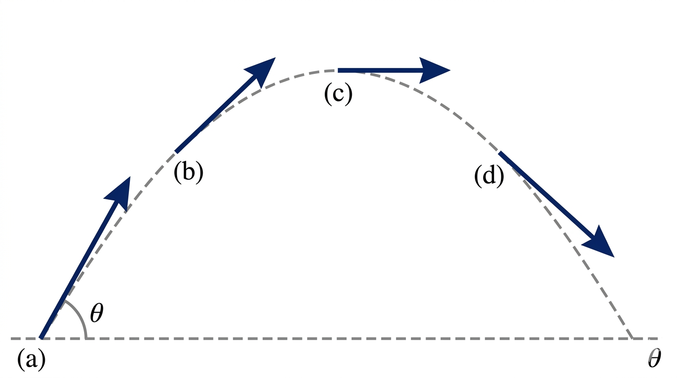 The same parabolic arc with the velocity vector drawn at four points along it: at launch (long arrow tilted up at angle theta), on the way up (shorter and less steep), at the apex (pointing purely horizontal), and on the way down (pointing down and to the right).