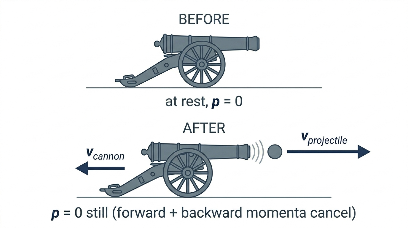 Two panels labeled BEFORE and AFTER. In BEFORE, an old-style cannon is at rest with caption 'at rest, p = 0'. In AFTER, the cannon has shifted left with a short leftward arrow v-cannon, and a cannonball to the right of the muzzle has a long rightward arrow v-ball. Caption: 'p = 0 still'.