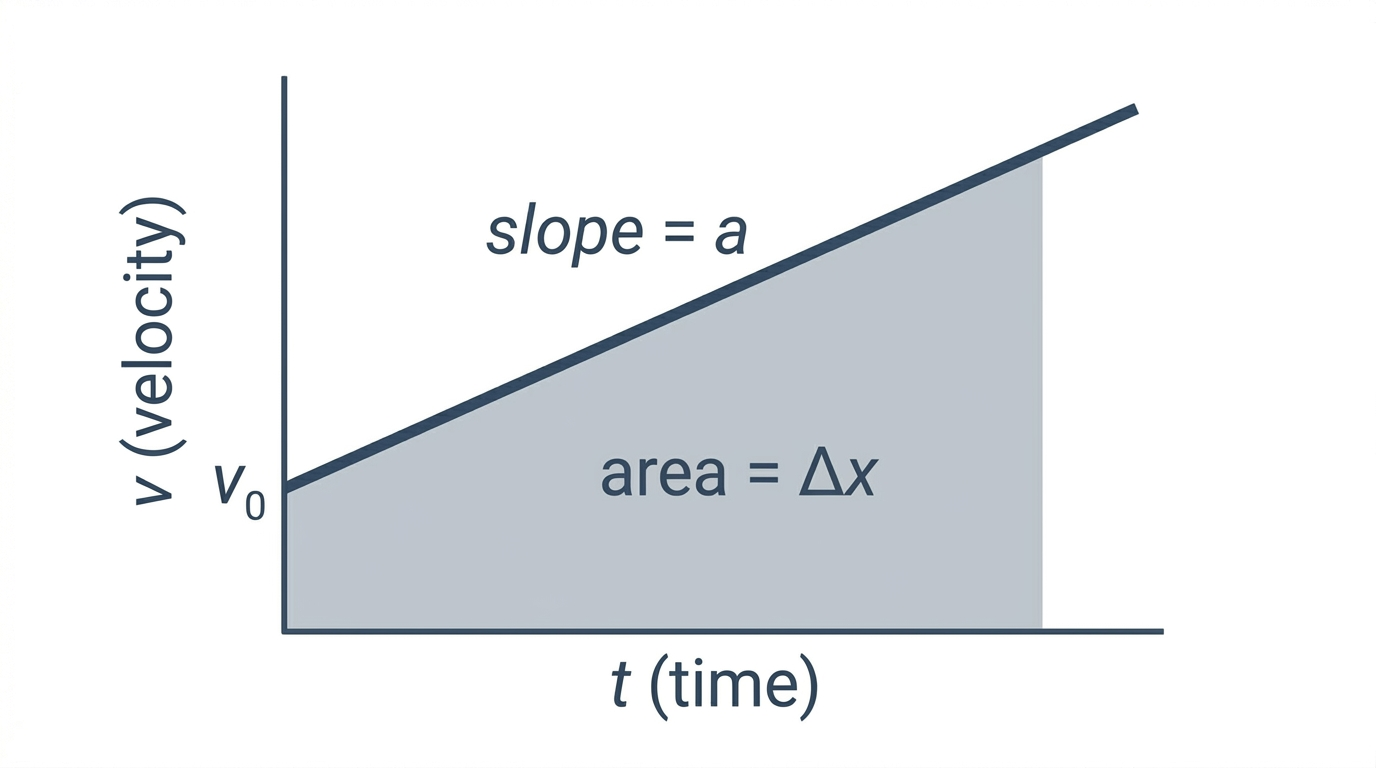 A velocity-versus-time graph showing a straight line starting at a positive y-intercept labeled v-sub-zero and rising with positive slope labeled a. The area under the line is shaded and labeled area equals delta-x.