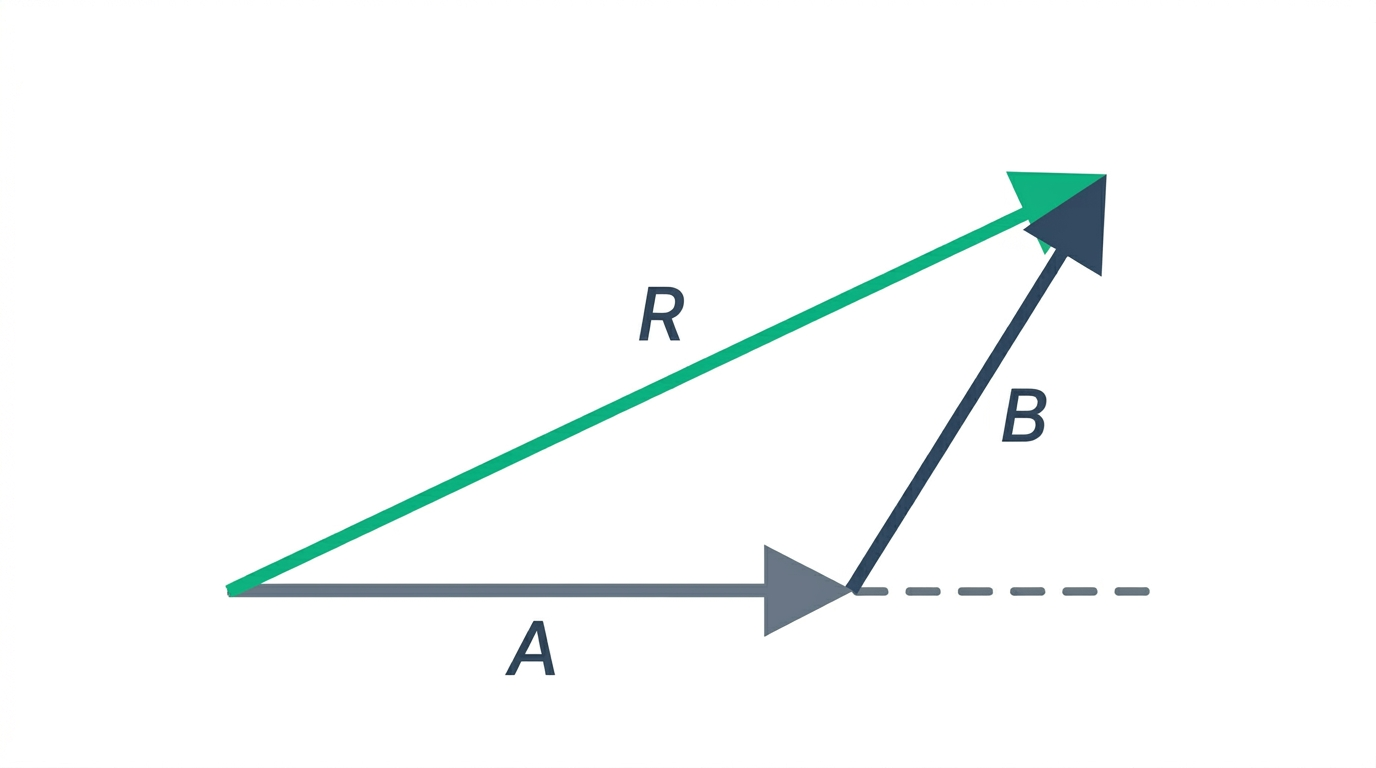 Vector A pointing right and vector B pointing up-and-right are added head-to-tail; the resultant R is drawn in green from the start of A to the tip of B.