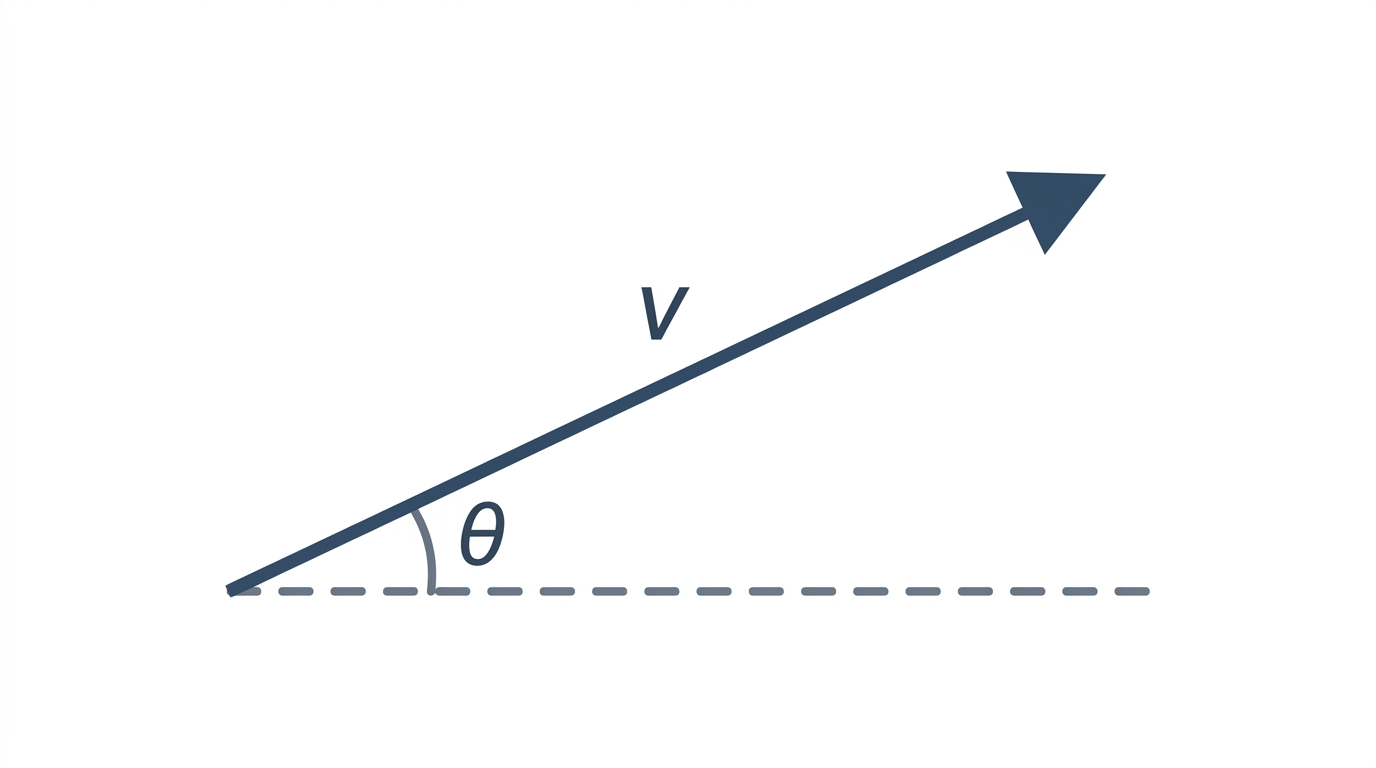 A vector arrow drawn from the origin pointing up and to the right at about 30 degrees above the horizontal, labeled v, with a dashed reference line and the angle theta marked at the origin.