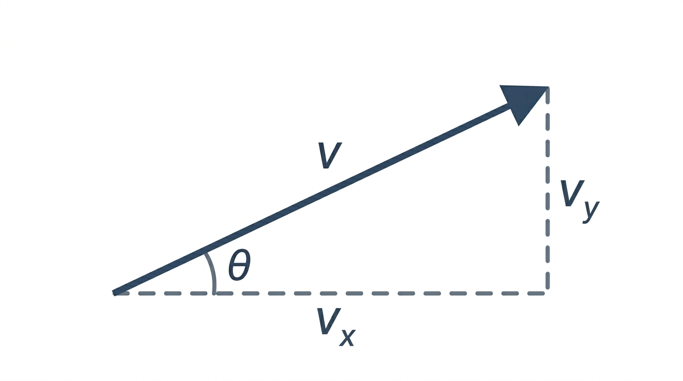 A vector v split into its horizontal component v-sub-x and vertical component v-sub-y, drawn as a right triangle with the vector as the hypotenuse and the angle theta marked at the origin.