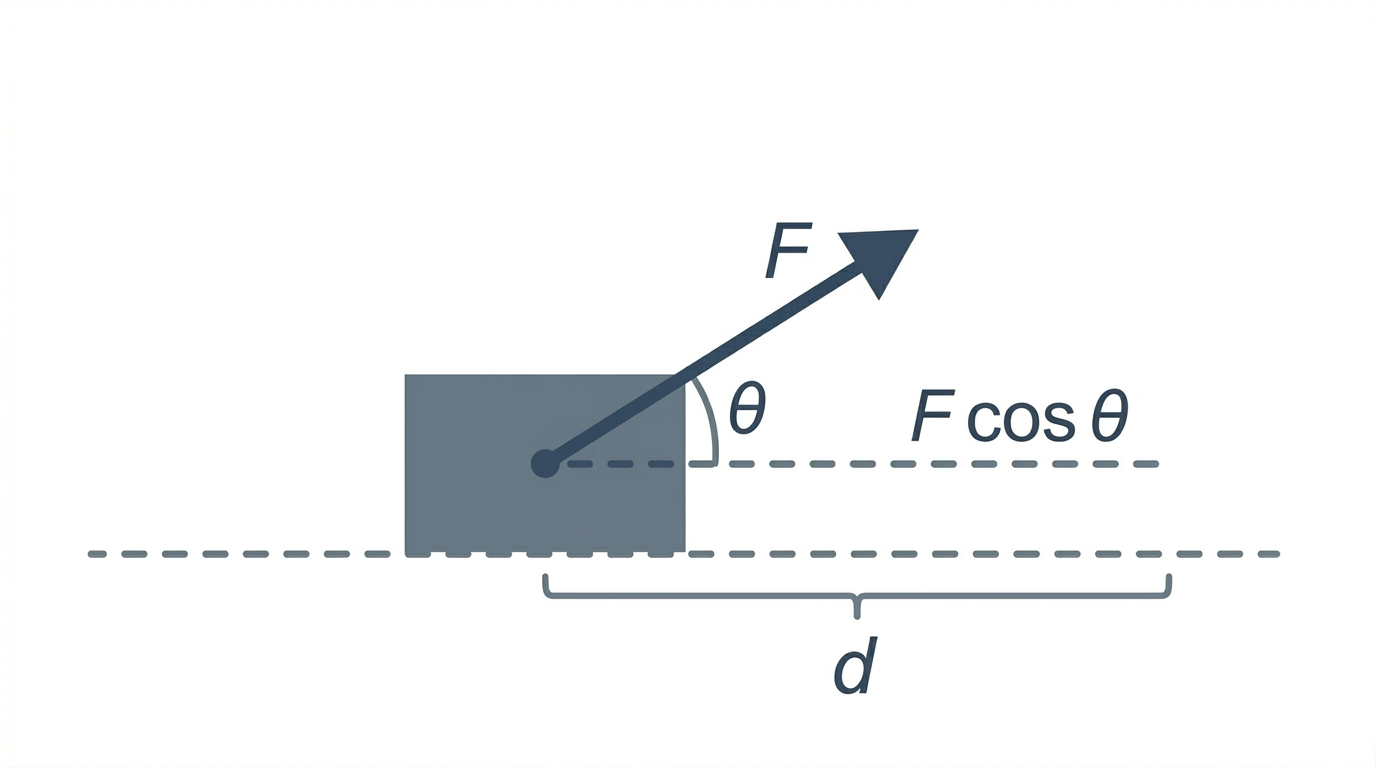 A box on a floor being pulled with a force F angled at theta above horizontal. A dashed horizontal arrow shows the component F cos theta along the direction of motion, and the displacement d is bracketed along the floor.