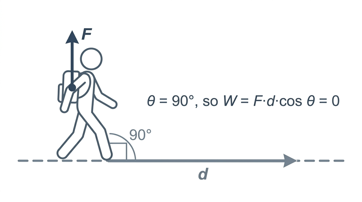A stick figure walks horizontally along a dashed ground line carrying a backpack. A short upward arrow labeled F shows the force holding the bag up; a longer horizontal arrow labeled d shows the displacement. Annotation: theta equals 90 degrees, so W equals F d cos theta equals zero.