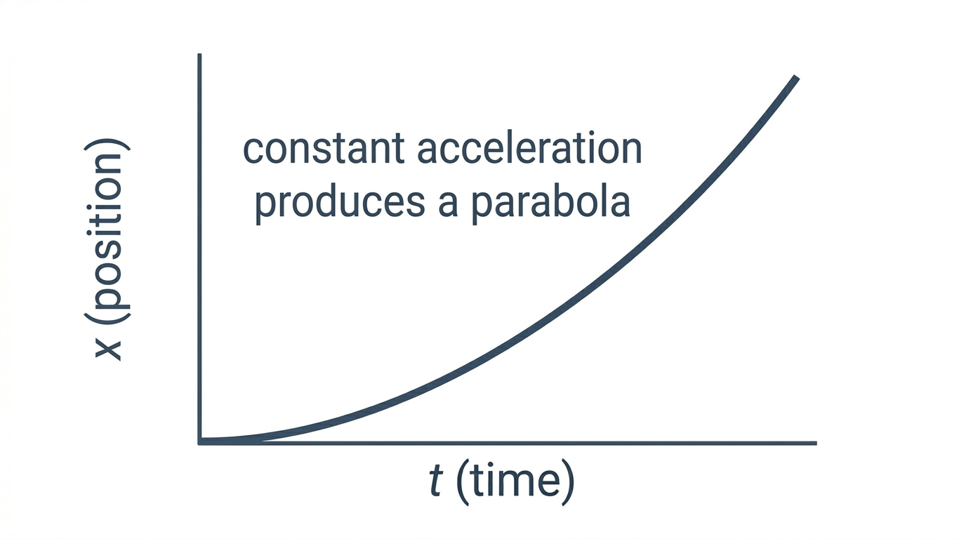 A position-versus-time graph showing a parabolic curve starting at the origin and curving upward to the right.